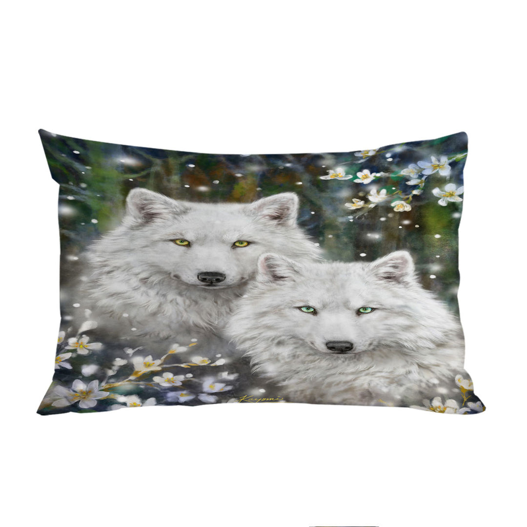 Wildlife Painting White Wolves and Flowers Pillowcase