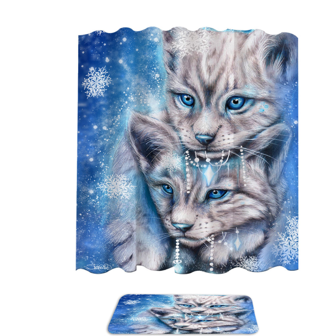 Wildlife Shower Curtains Art Blue Winter Lynx Wild Cat