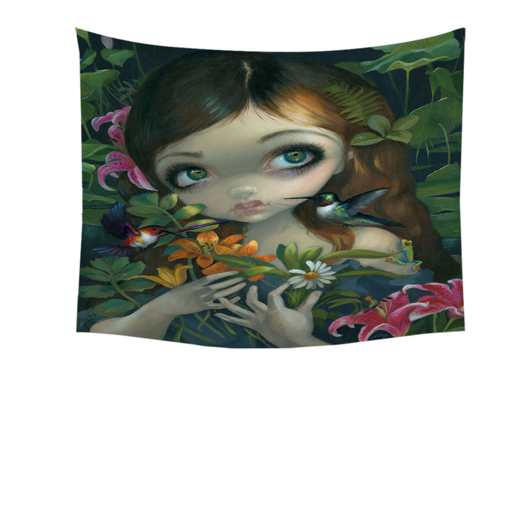 Wildwood Bouquet Flowers Art Girl with Hummingbirds Tapestry