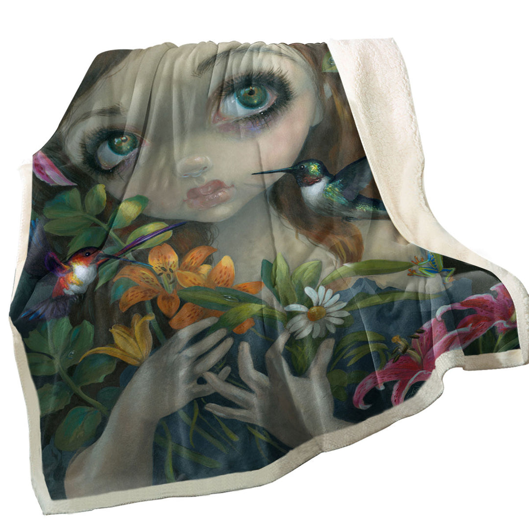 Wildwood Bouquet Flowers Art Girl with Hummingbirds Throw Blanket
