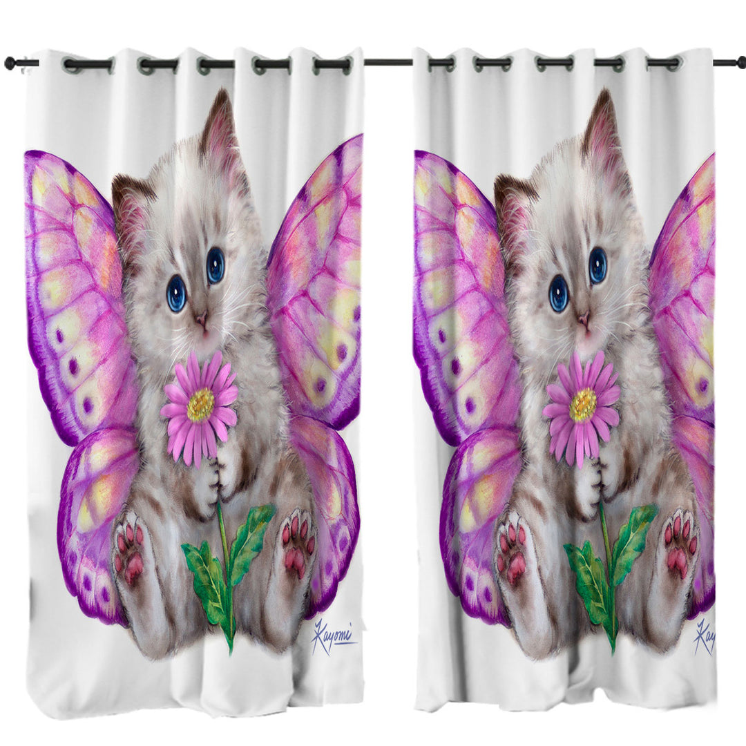 Window Curtains with Artistic Designs Girly Purplish Butterfly Kitten