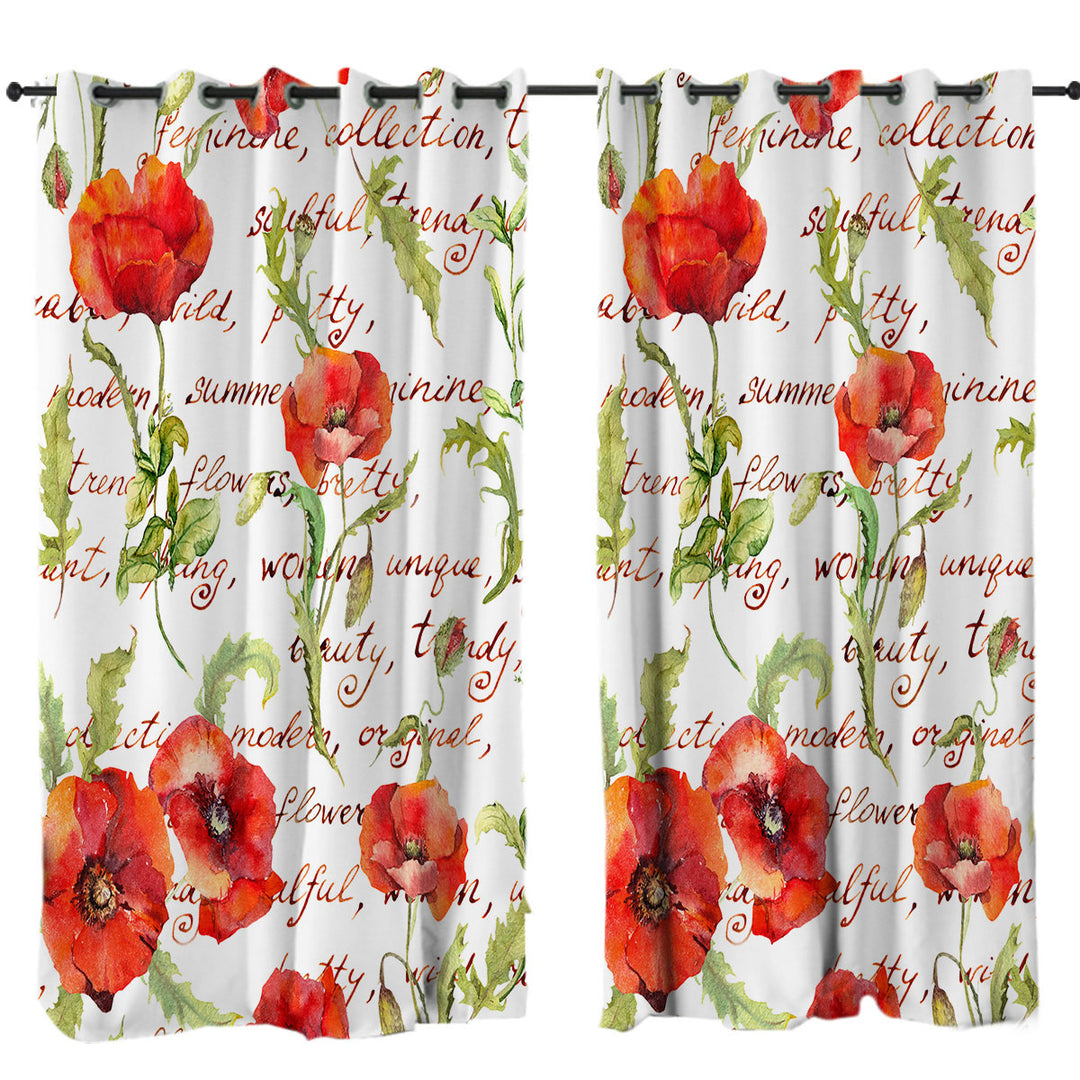 Window Curtains with Beautiful Elegant Red Poppies