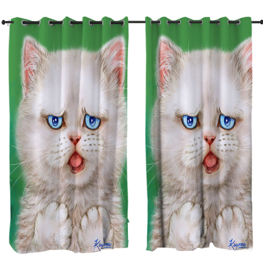 Window Curtains with Cat Drawings Innocent White Kitten