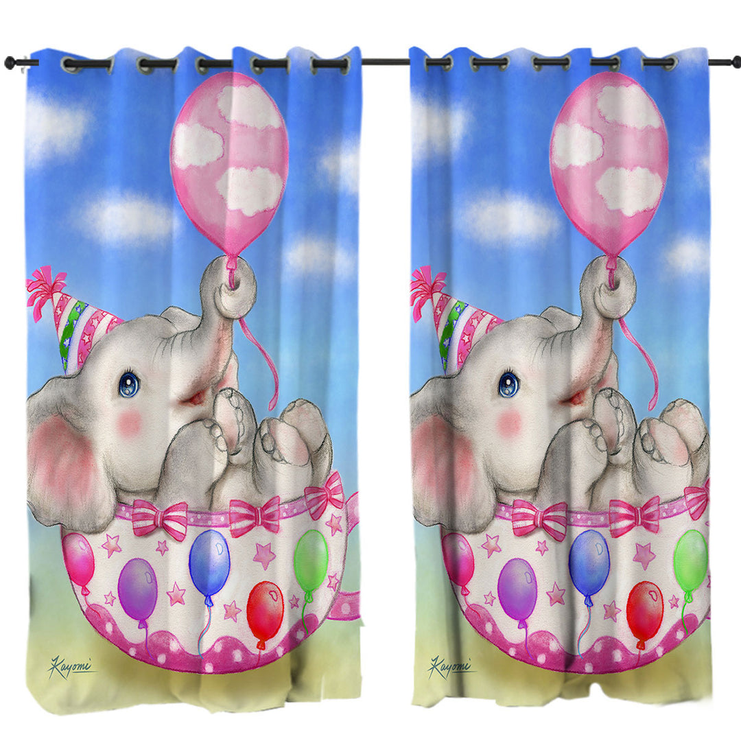 Window Curtains with Children Design Cute Elephant Cup and Balloons