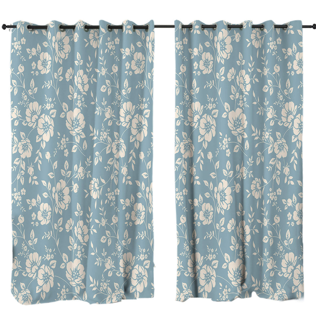 Window Curtains with Classic Vintage Off White Floral over Blue