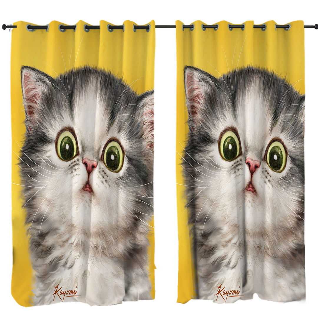 Window Curtains with Cute Confused Kitty Cat over Yellow