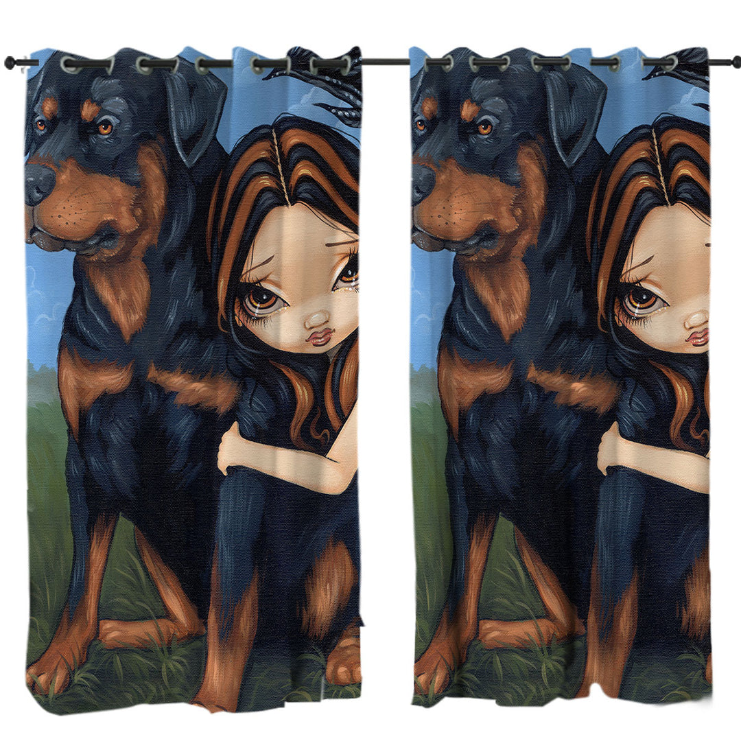 Window Curtains with Cute Fairy with a Rottweiler Dog