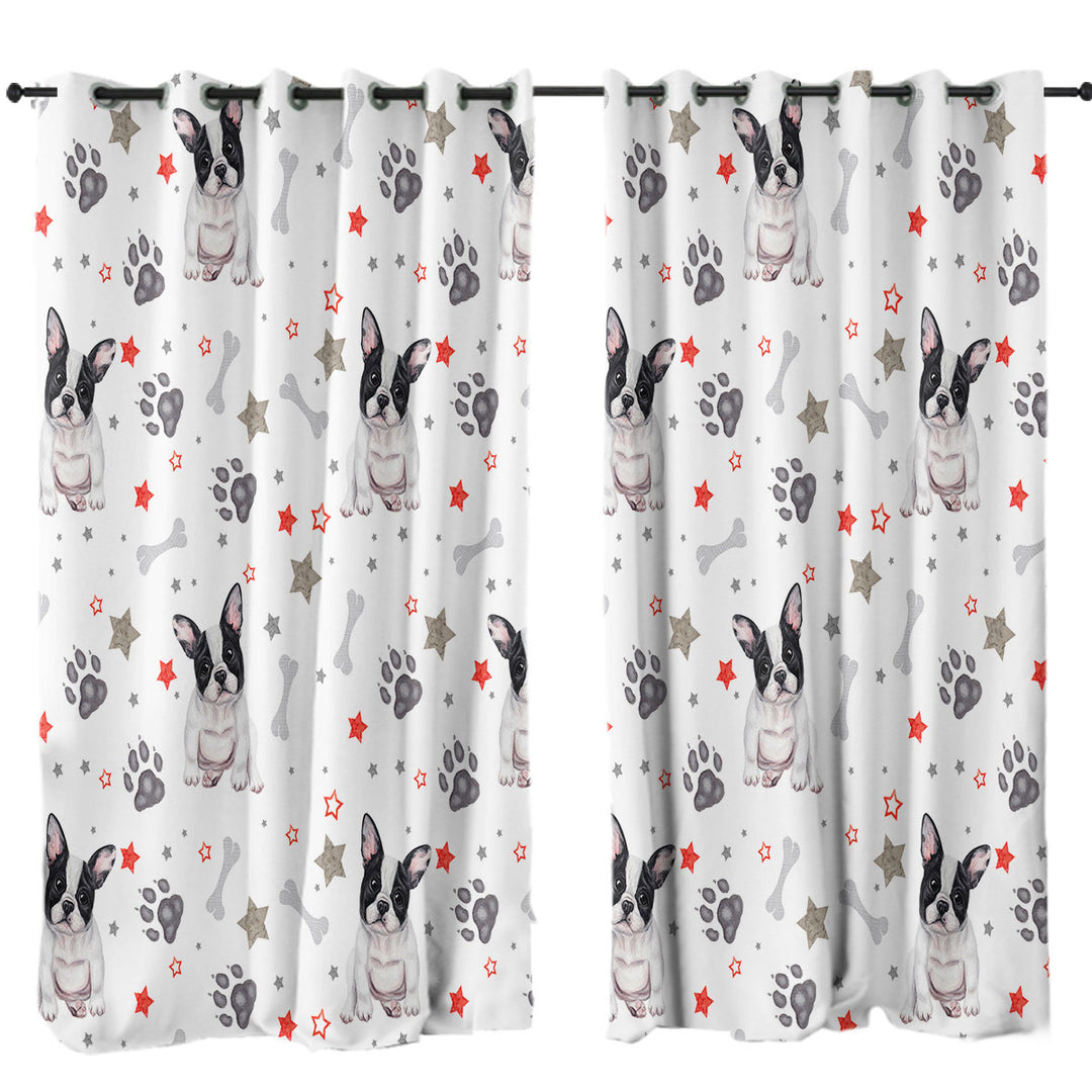 Window Curtains with Cute French Bulldog Dog Paws and Bones