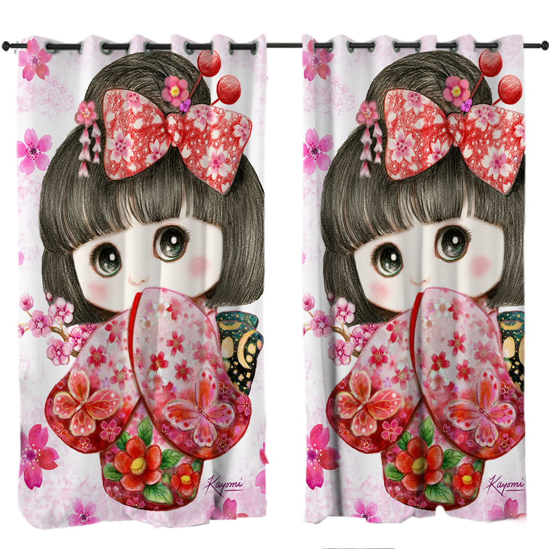 Window Curtains with Cute Japanese Kimono Cherry Flowers Girl
