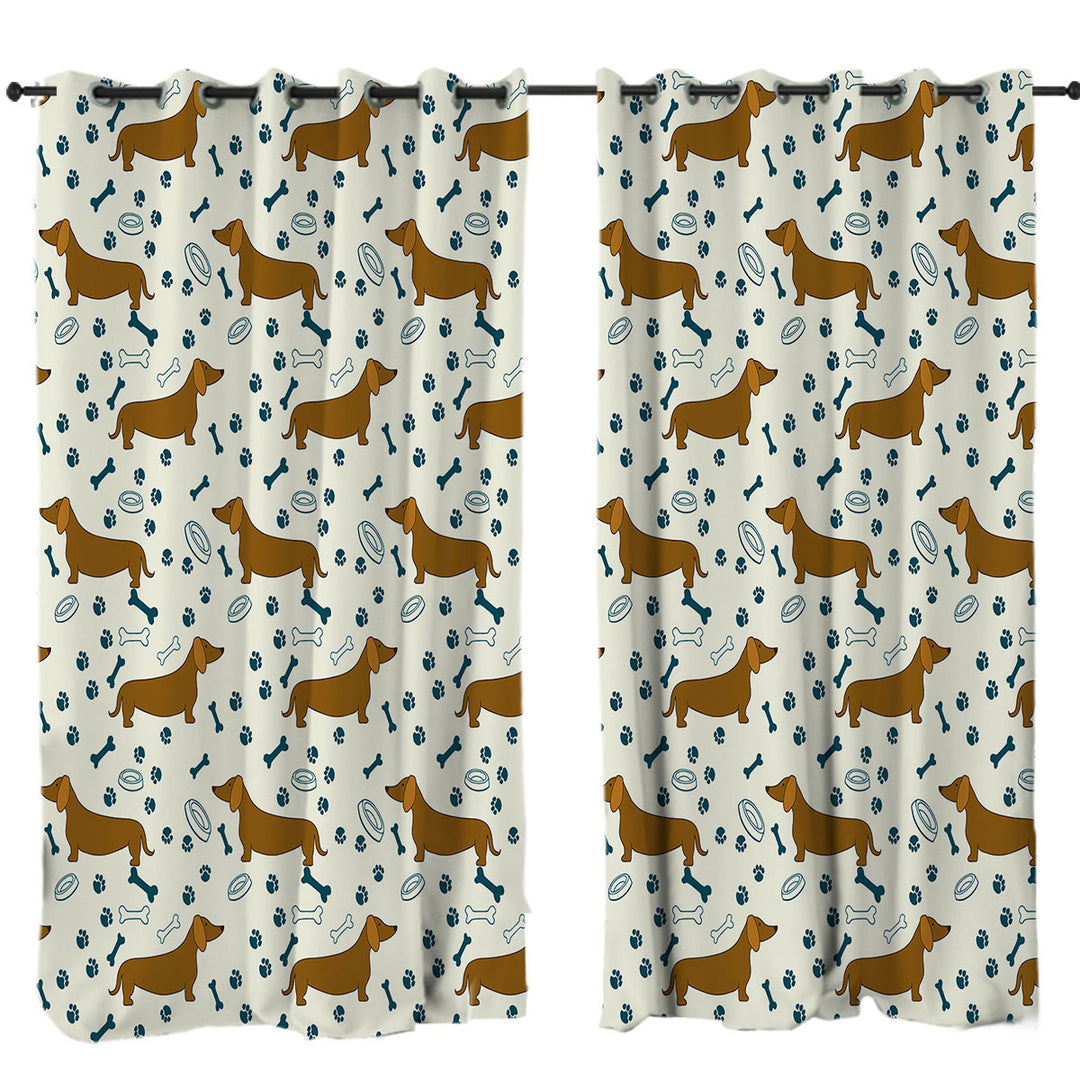 Window Curtains with Dog Paw Bone and Dachshund