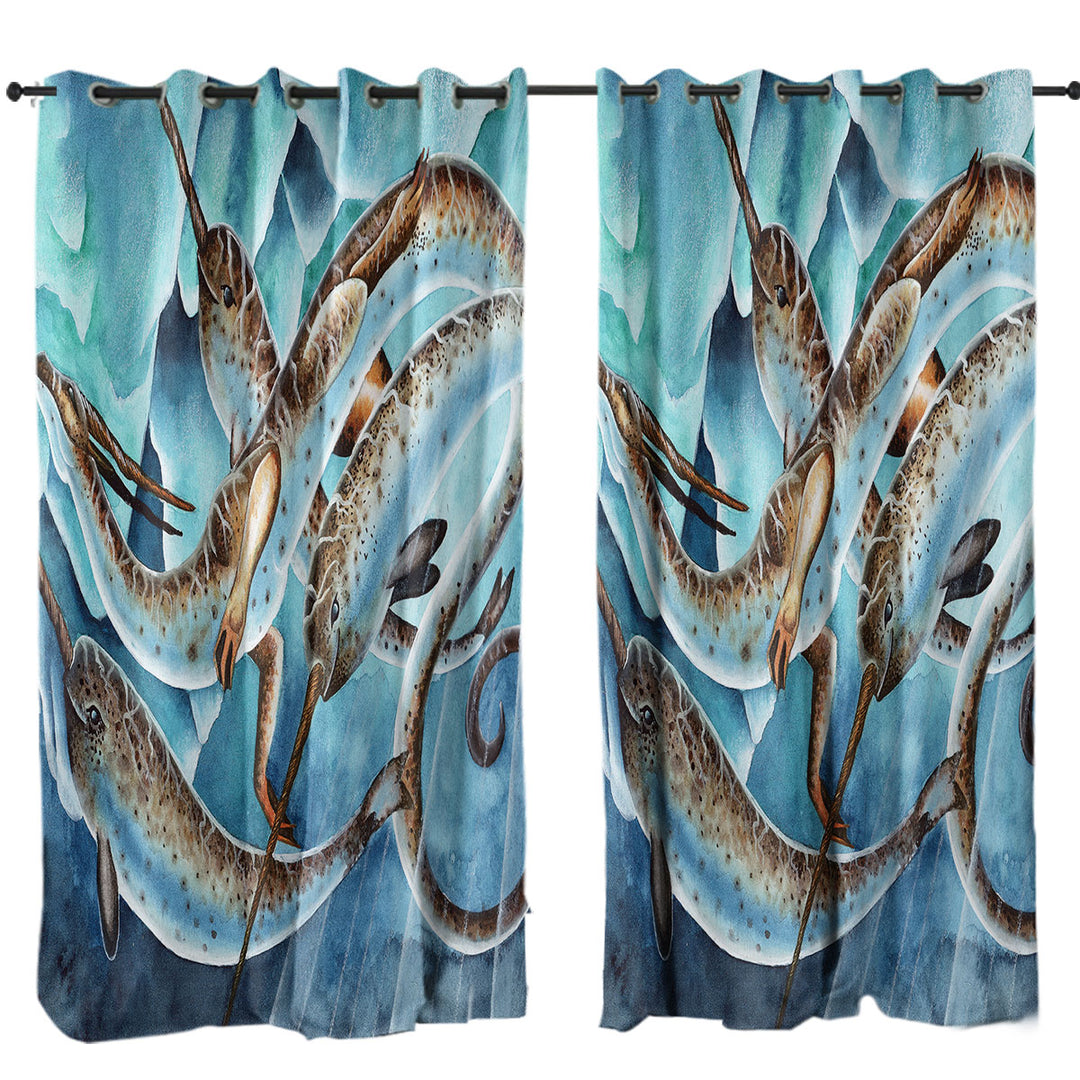 Window Curtains with Dragon and Fantasy Creatures Art Icy Depths