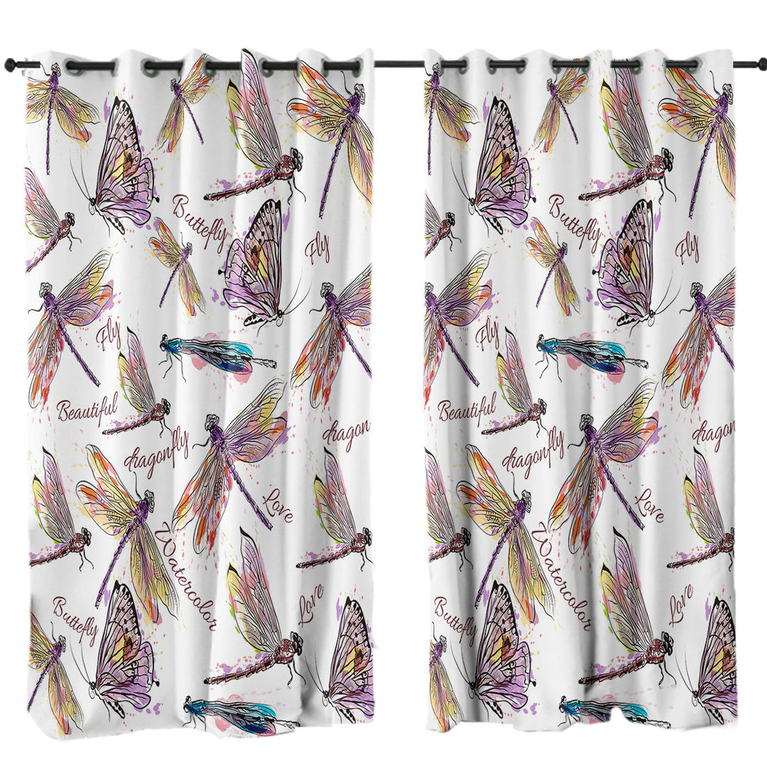 Window Curtains with Drawing of Butterflies and Dragonflies