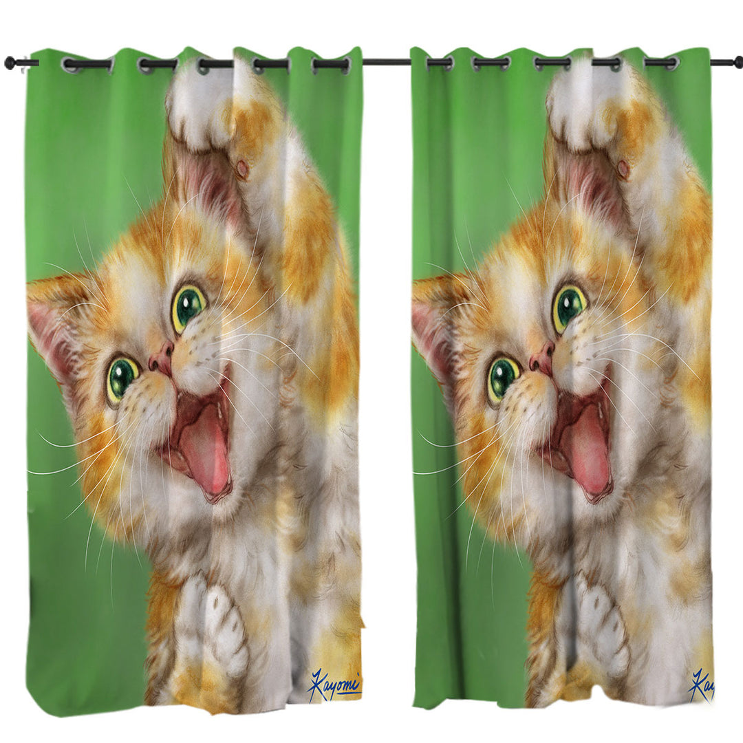 Window Curtains with Funny Kittens Joyful Ginger Kitty Cat over Green