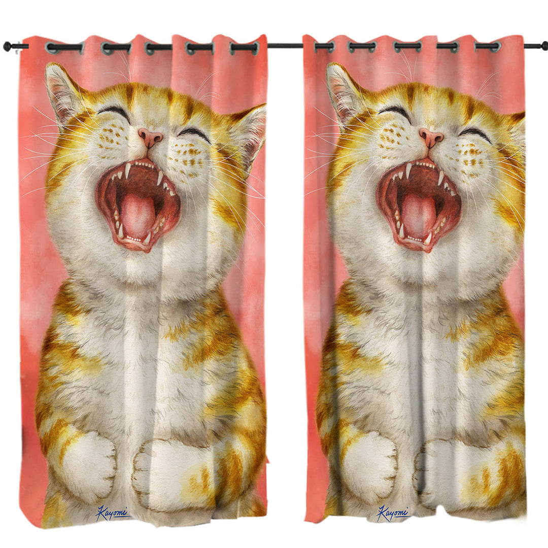Window Curtains with Happy Kitten Laughing Cute Ginger Cat