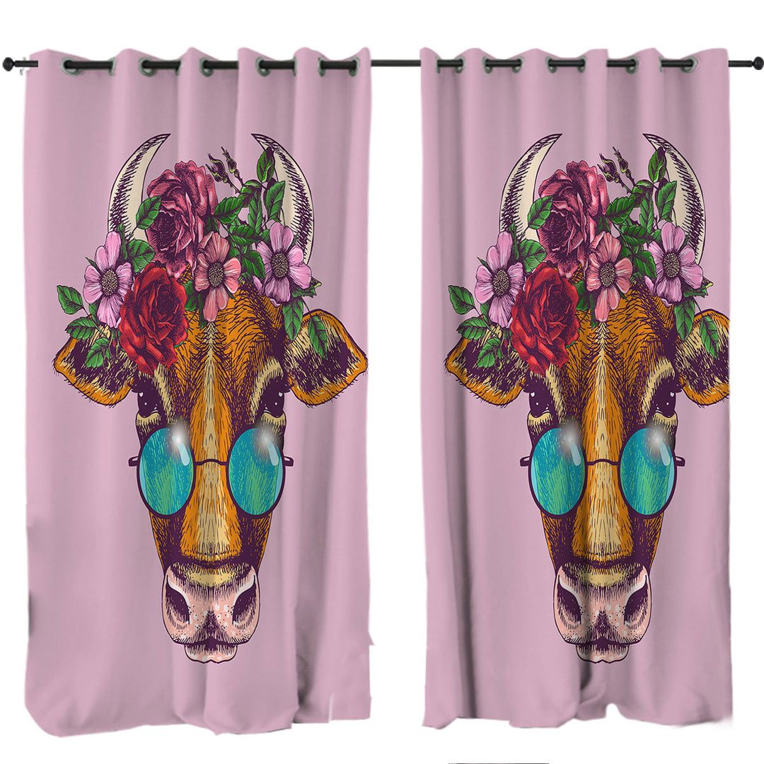Window Curtains with Hipster Cow
