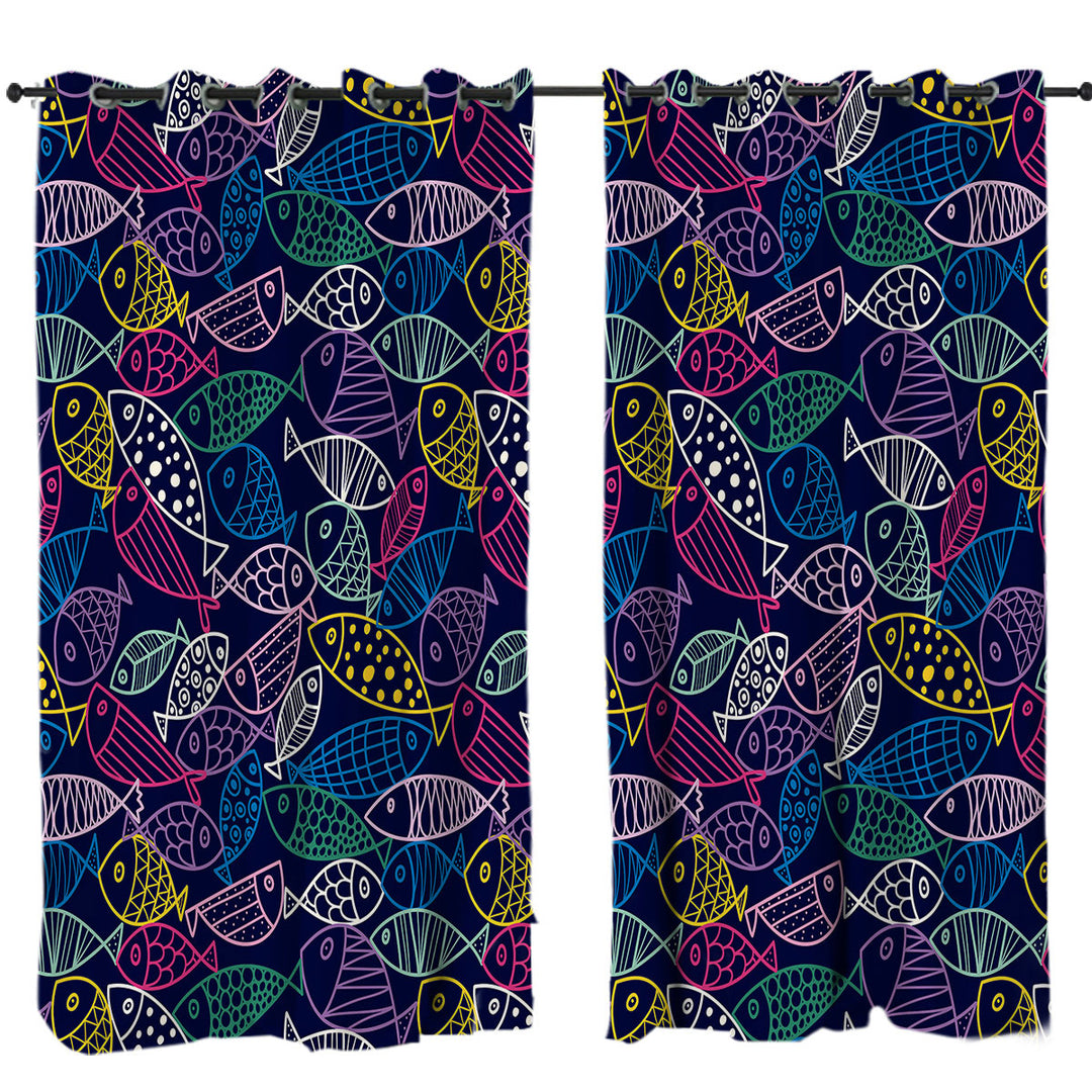 Window Curtains with Multi Colored Fish Drawings