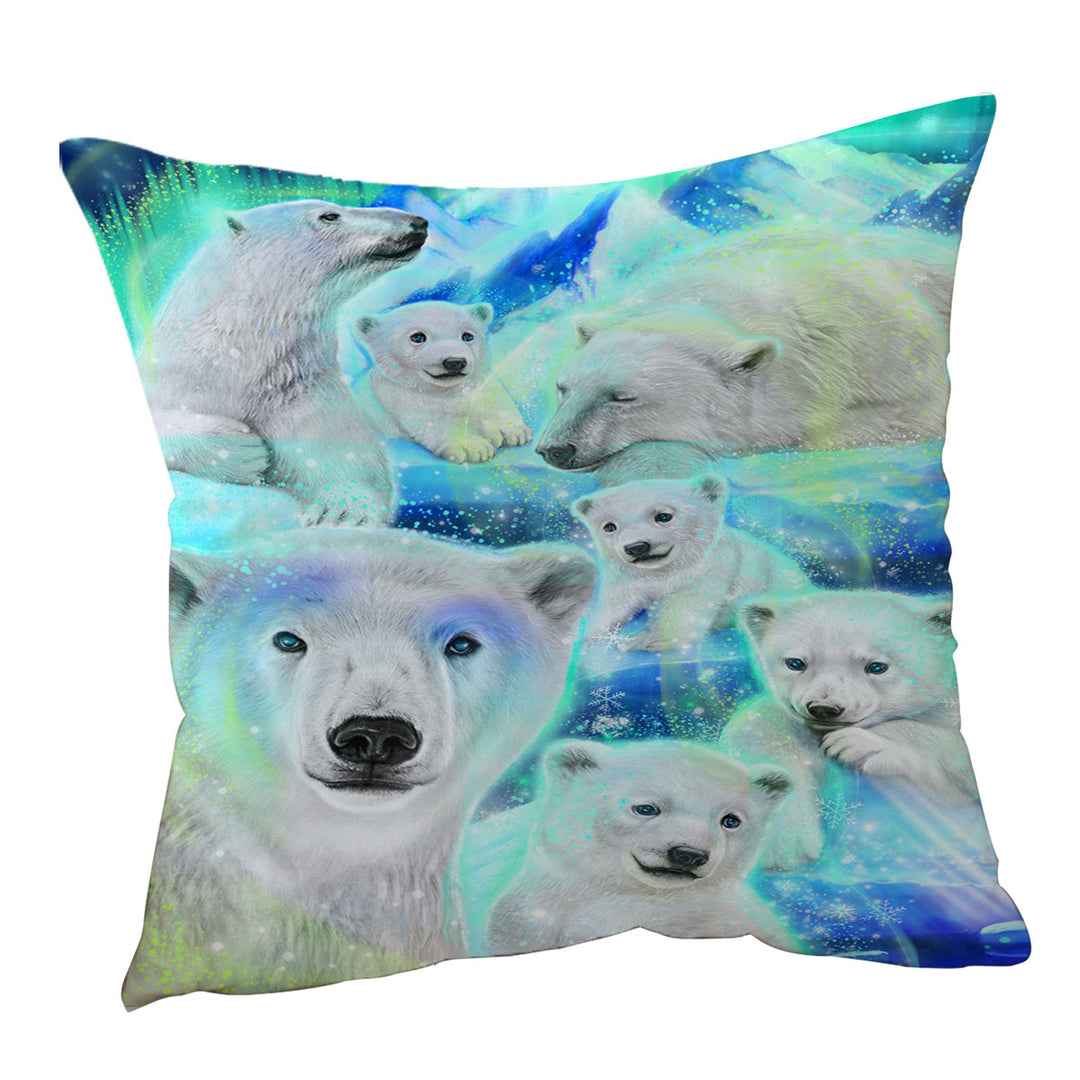 Winter Aurora Art Day Dream Polar Bears Throw Pillows and Cushions