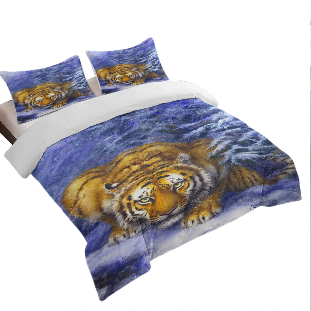 Winter Forest Cool Hunting Pose Tiger Queen Size Duvet Cover