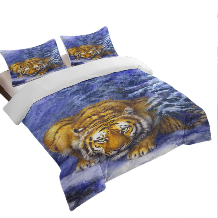 Winter Forest Cool Hunting Pose Tiger Queen Size Duvet Cover