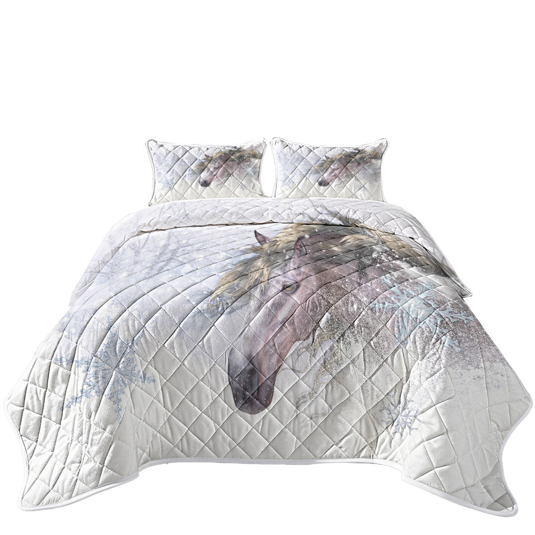 Winter Snow and Bright Hair White Horse California King Quilt Sets