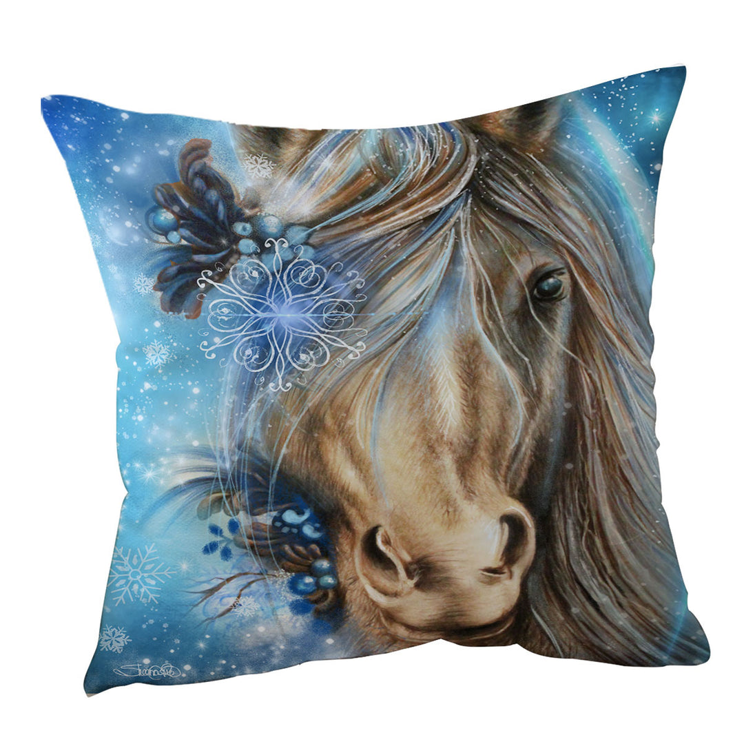 Winter Snowflake Pretty Blue Horse Throw Pillow