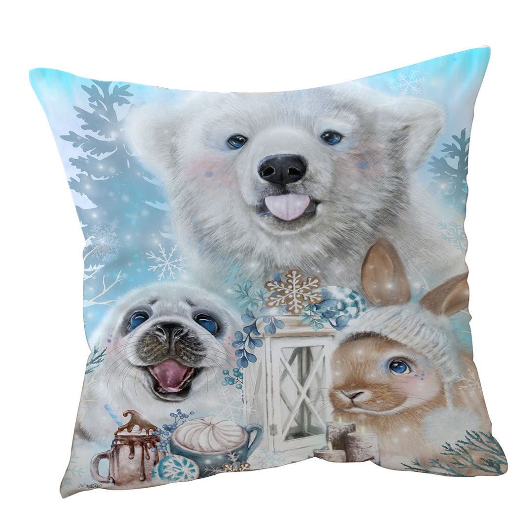 Winter Themed Cushions Snowflake Kisses Polar Bear Seal and Bunny