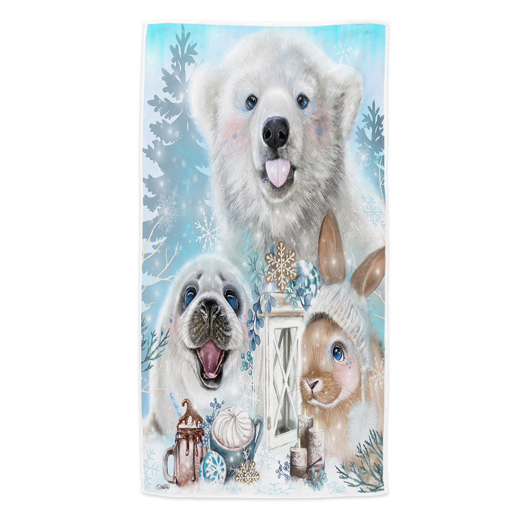 Winter Themed Pool Towels Snowflake Kisses Polar Bear Seal and Bunny