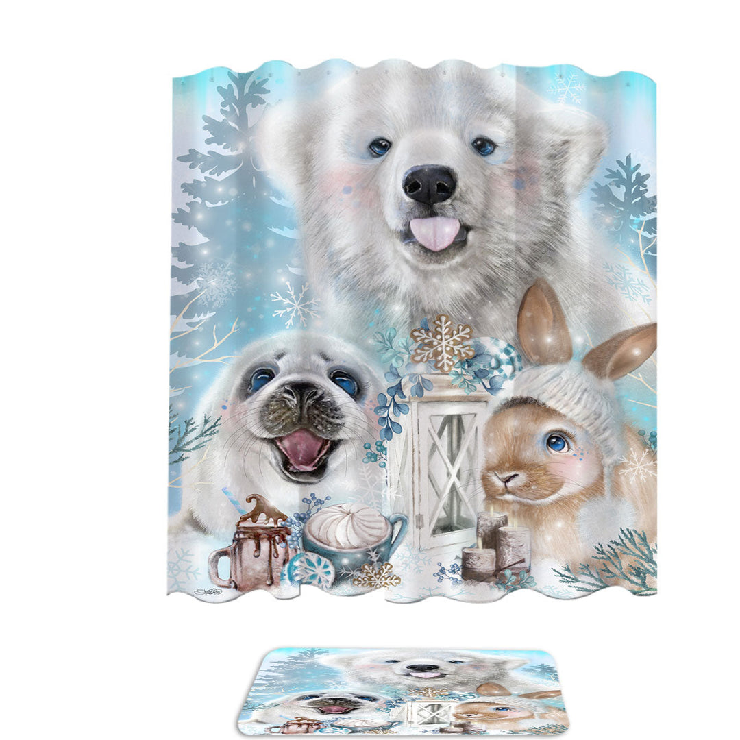 Winter Themed Shower Curtains Snowflake Kisses Polar Bear Seal and Bunny