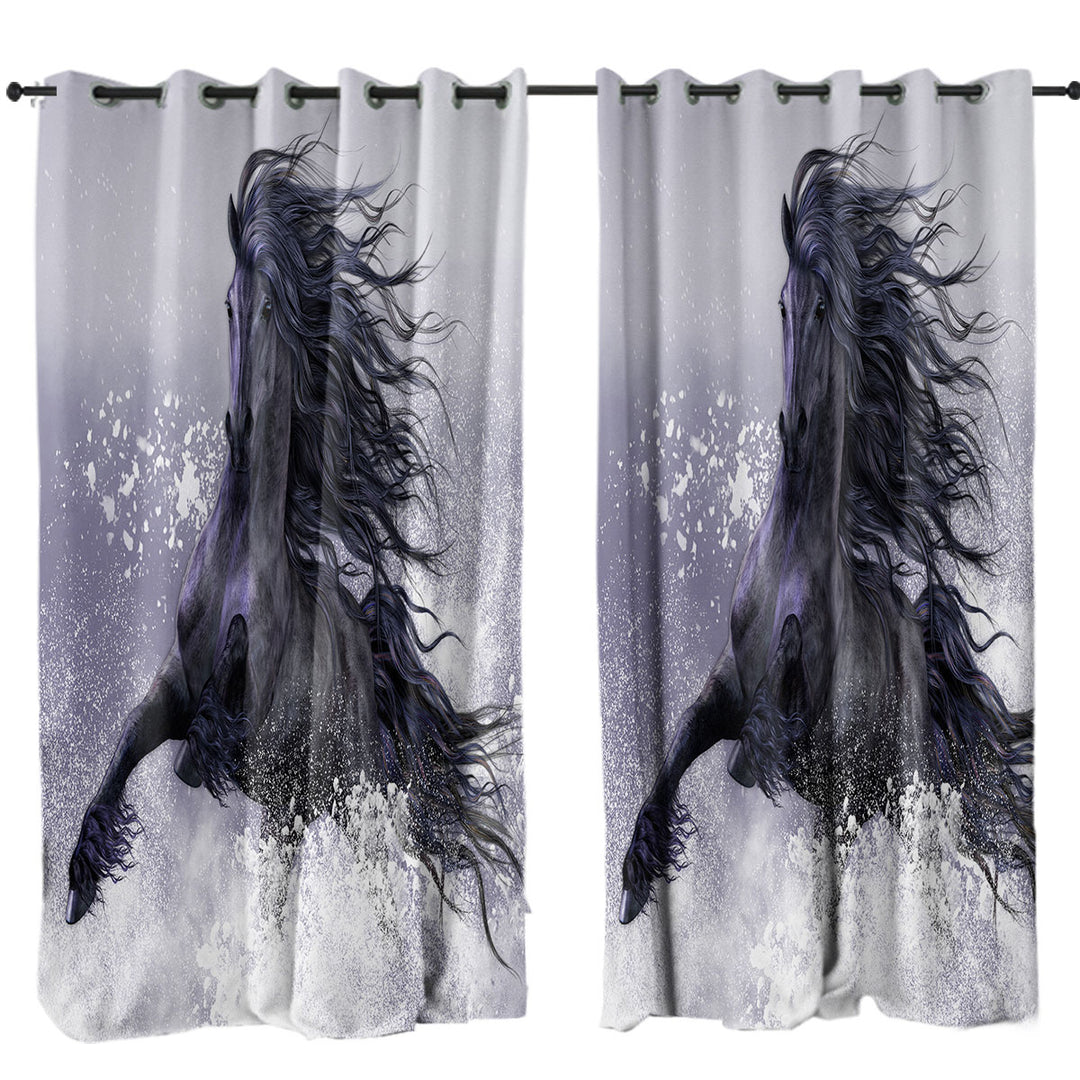 Winter Thunder Snow Running Wild Black Horse Drapes for Living Room