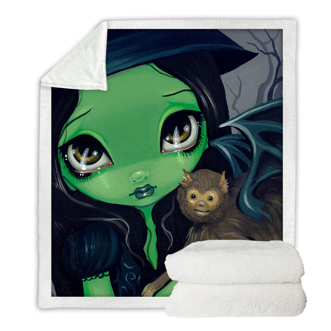 Witch Fleece Blankets Faces of Faery _36 Green Witch and Winged Monkey