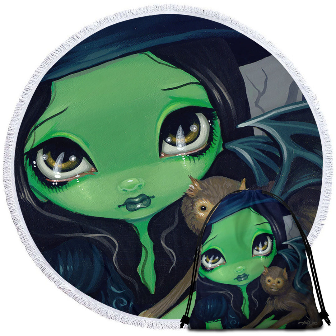 Witch Round Beach Towel Faces of Faery _36 Green Witch and Winged Monkey