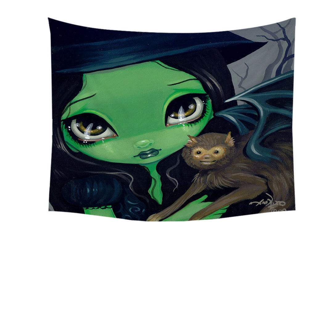 Witch Tapestry Faces of Faery _36 Green Witch and Winged Monkey