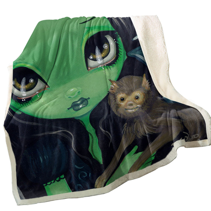 Witch Throw Blanket Faces of Faery _36 Green Witch and Winged Monkey