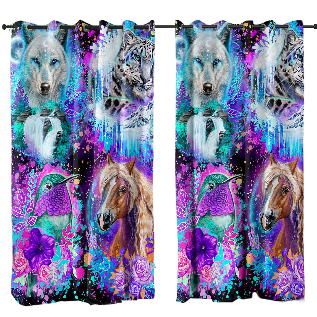 Wolf Horse Leopard Hummingbird Animal Collage Drapery