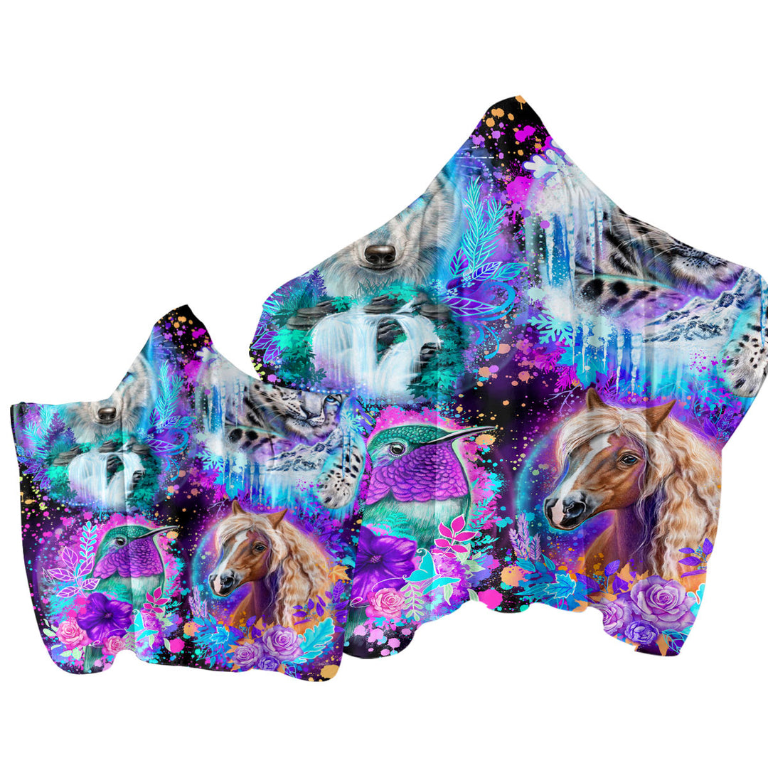 Wolf Horse Leopard Hummingbird Animal Collage Hooded Beach Towel