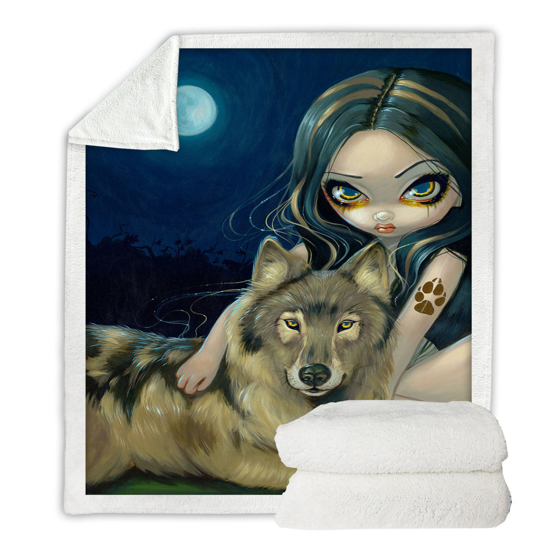 Wolf Moon Beautiful Girl Decorative Blankets