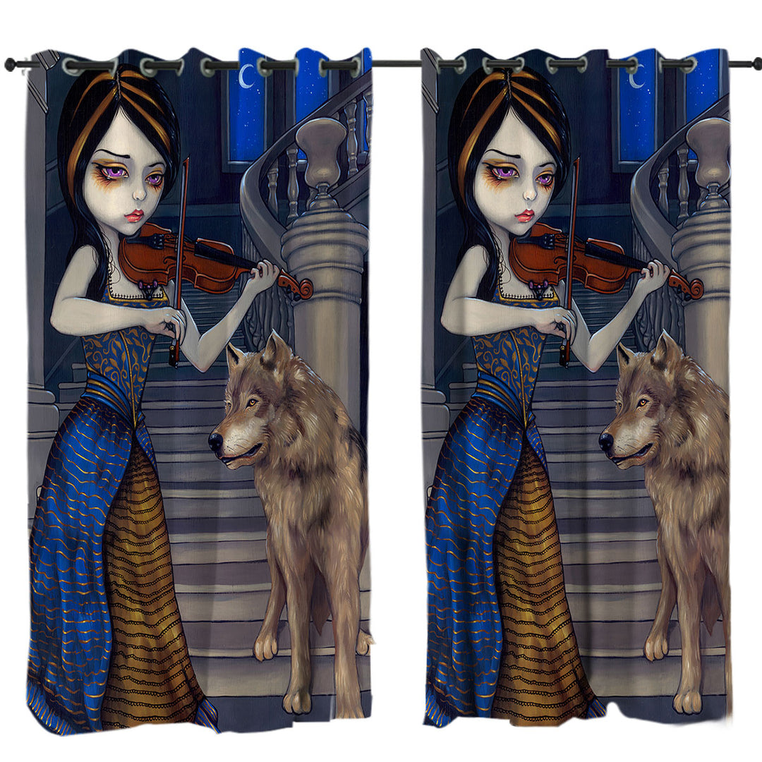 Wolf Song Gothic Beautiful Girl Playing a Violin Curtain