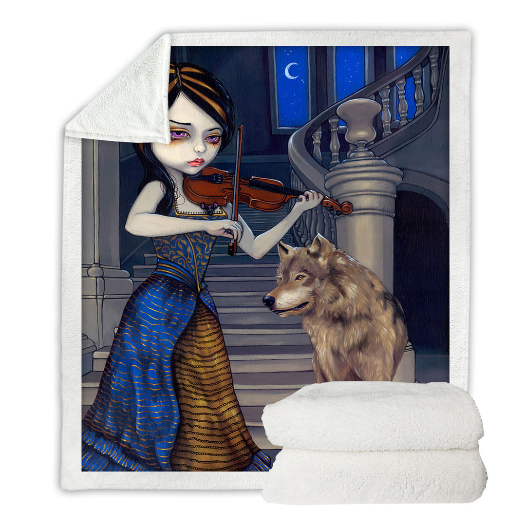 Wolf Song Gothic Beautiful Girl Playing a Violin Fleece Blankets