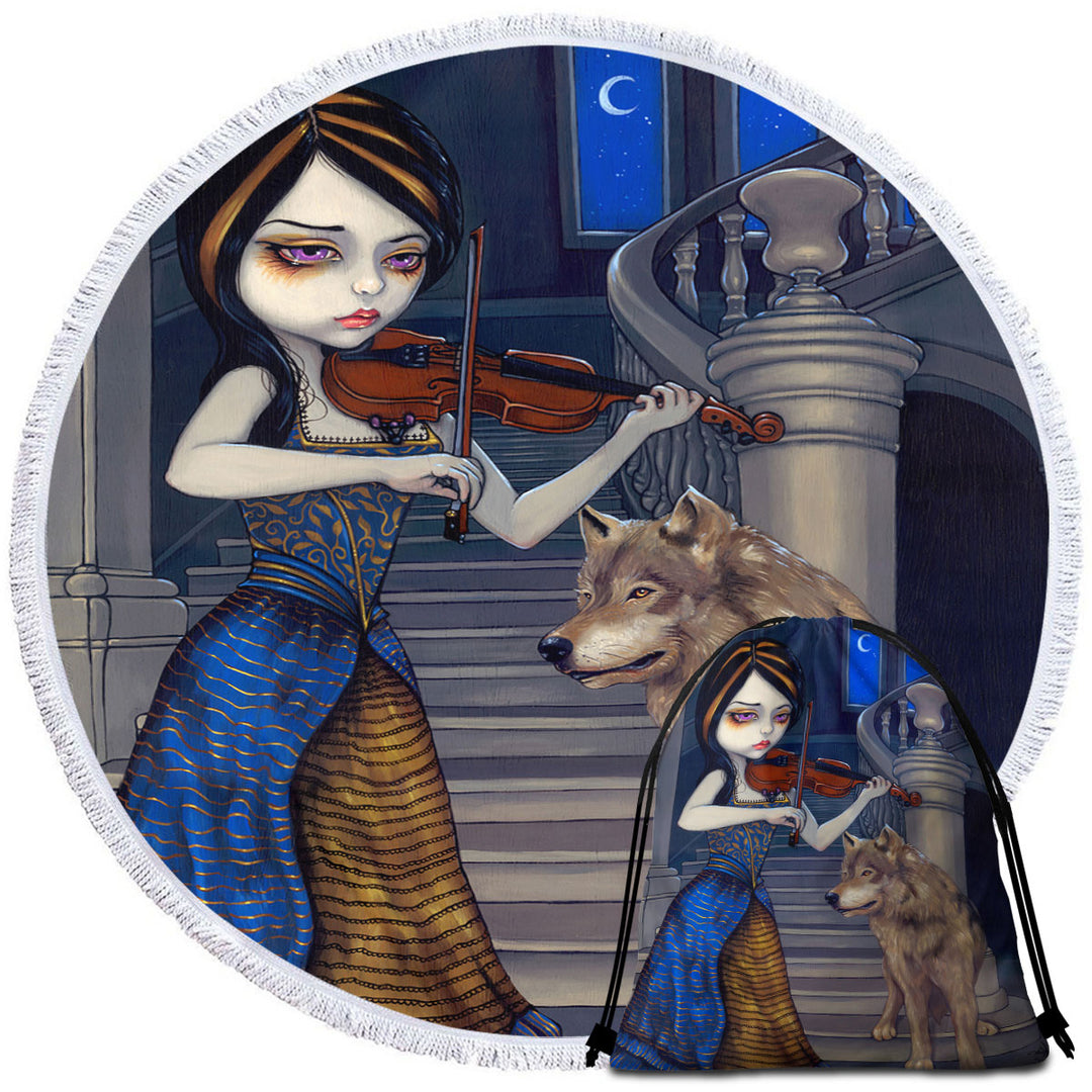 Wolf Song Gothic Beautiful Girl Playing a Violin Round Towel