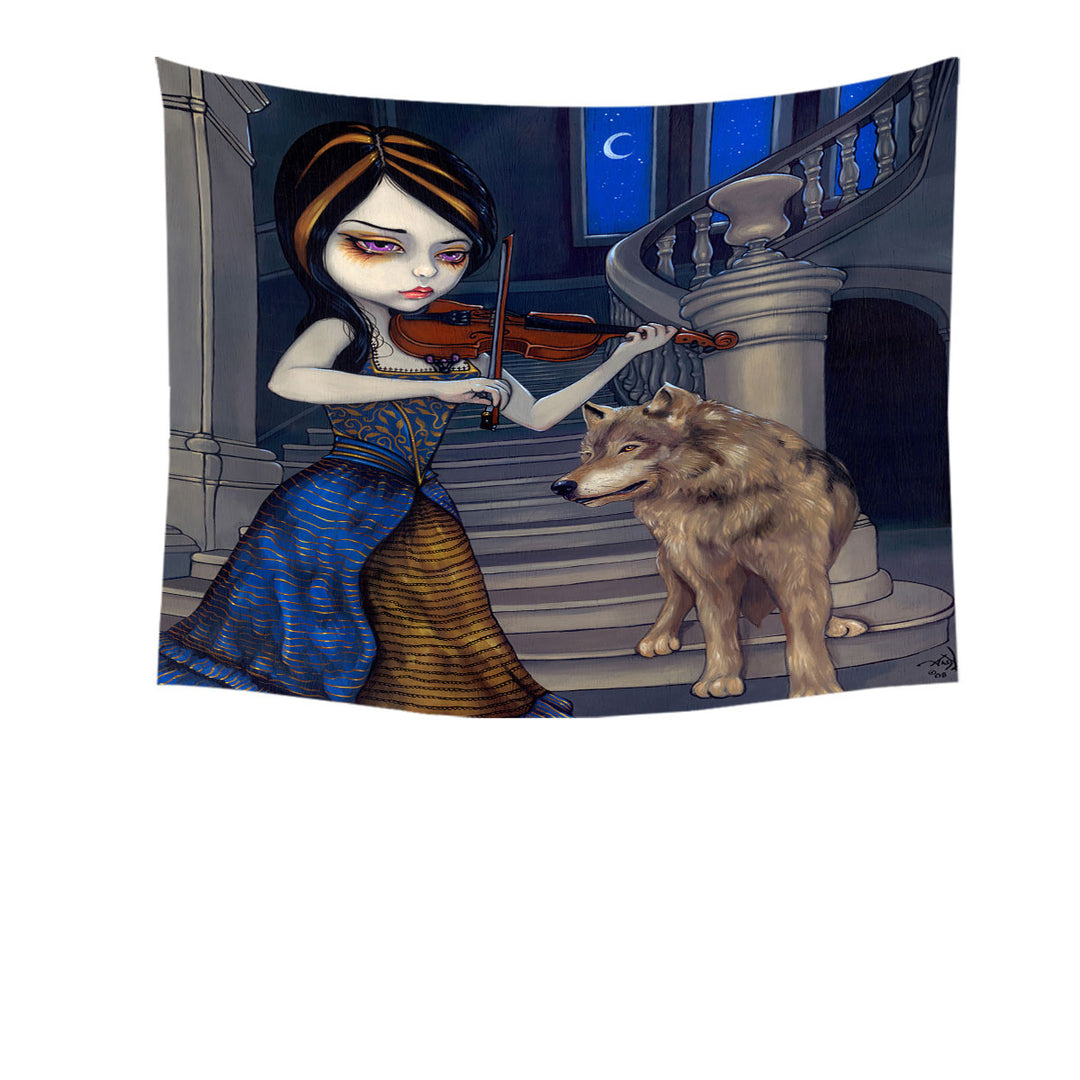 Wolf Song Gothic Beautiful Girl Playing a Violin Tapestry
