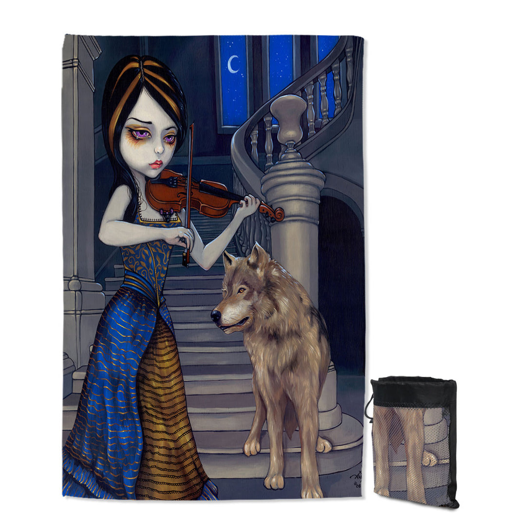 Wolf Song Gothic Beautiful Girl Playing a Violin Thin Beach Towels