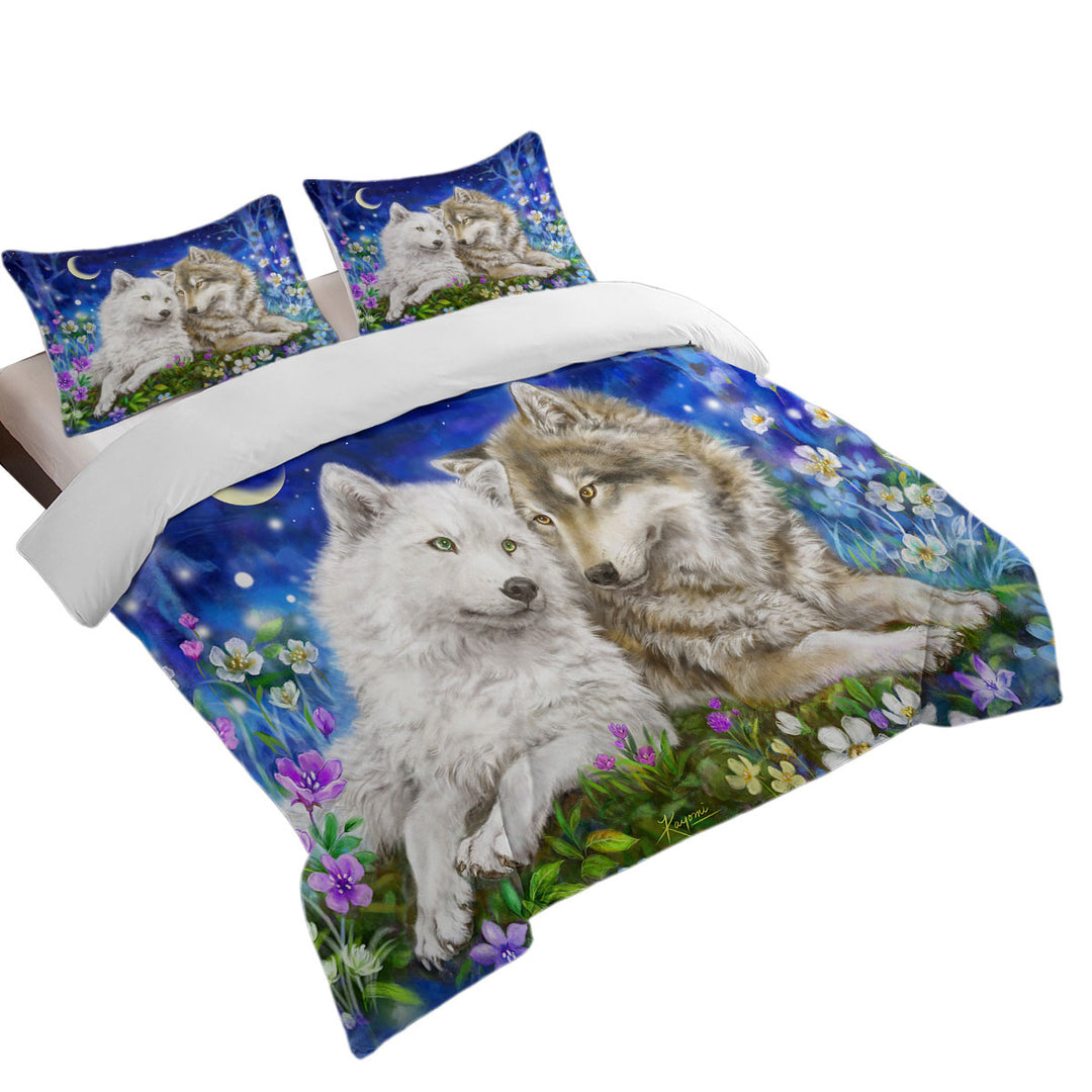Wolves Art Design Flowers and Love at Night Bed Covers