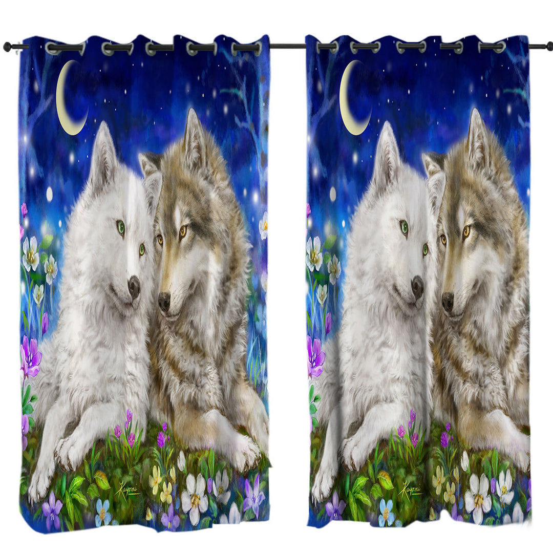 Wolves Art Design Flowers and Love at Night Drapes and Curtains