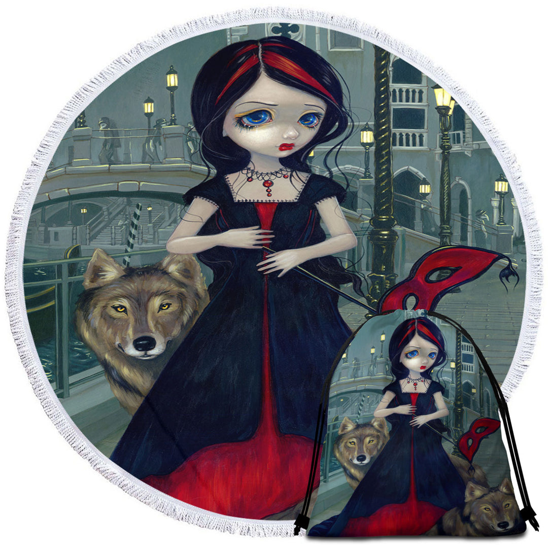 Wolves of Venice Gothic Maiden and Her Wolves Beach Towel