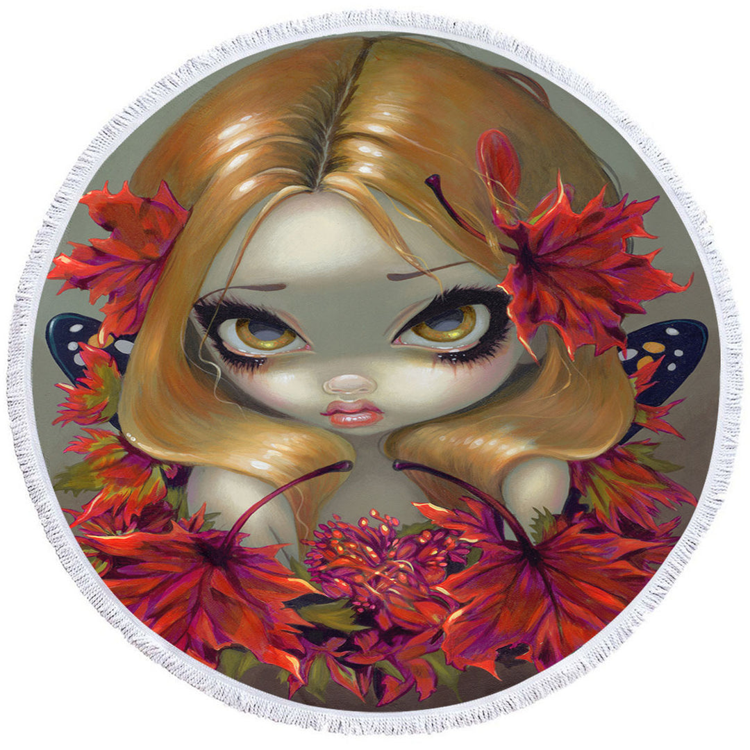 Womens Beach Towels Big Eyed Fairy Portrait the Red Maple Leaves Fairy