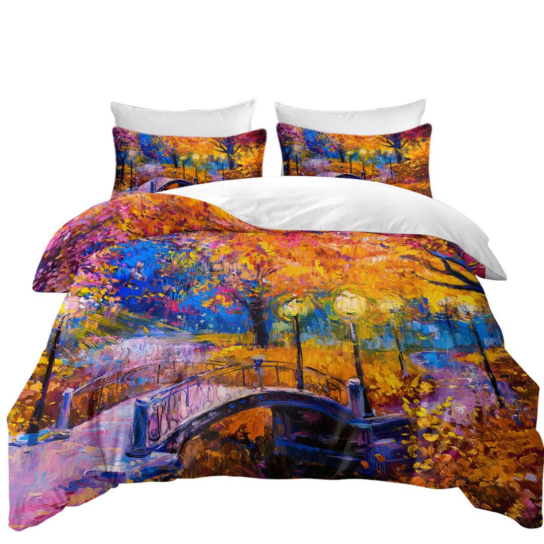 Wooded Park and Bridge Gorgeous Autumn Art Comforter Cover