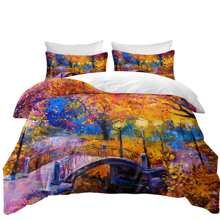 Wooded Park and Bridge Gorgeous Autumn Art Comforter Cover