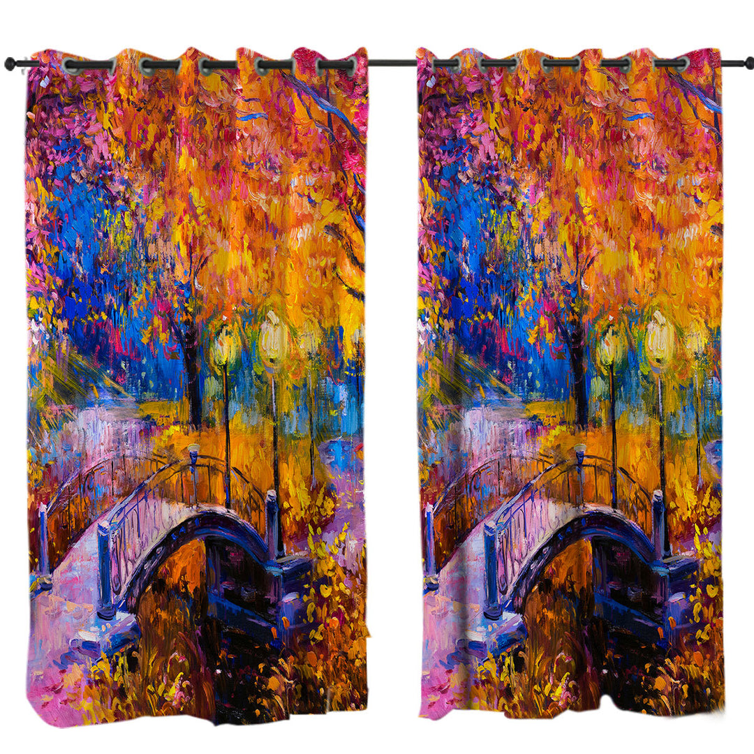 Wooded Park and Bridge Gorgeous Autumn Art Curtain