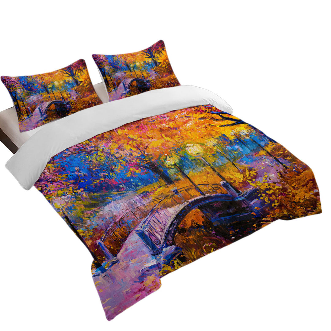 Wooded Park and Bridge Gorgeous Autumn Art Duvet Cover