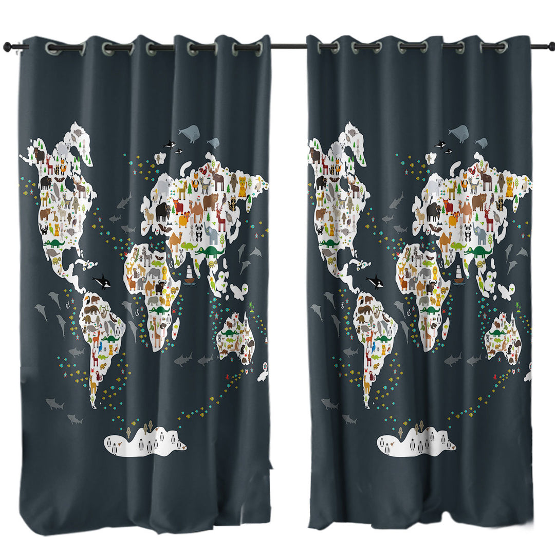 World Map for Children with Animals Drapes and Curtains